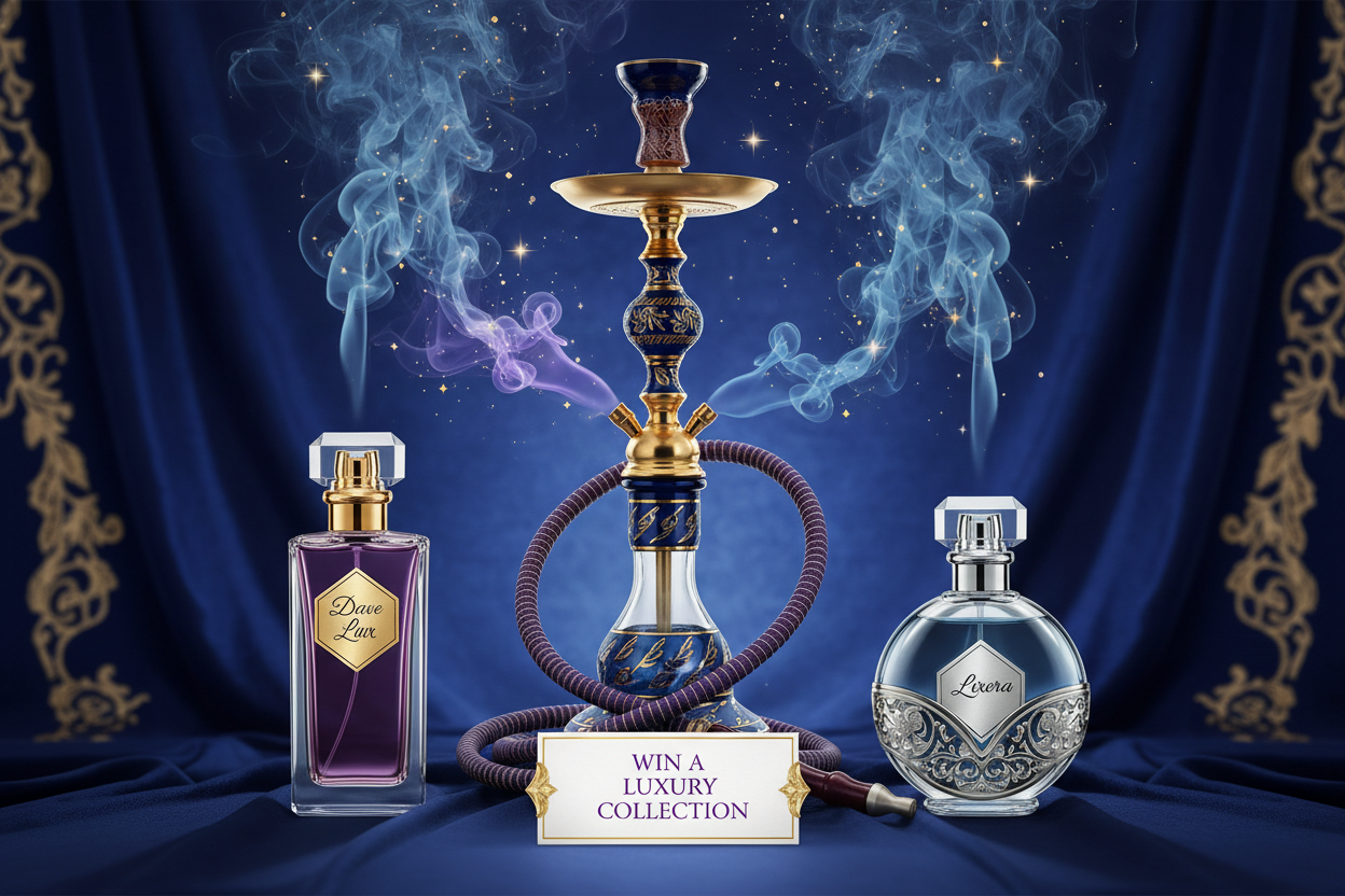 let the name of perfume Dave Lux and Lixora (the perfume bottle should be on the right and left and the shisha in the middle)